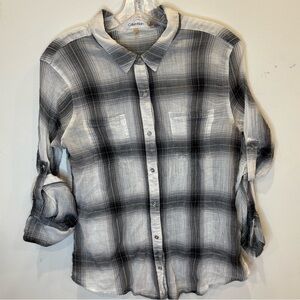 Calvin Klein Airflow Utility Button Down Women's Plaid Shirt Roll Up Sleeve